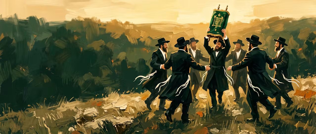 Painting of chassidim dancing in a ring around a raised Sefer Torah on a golden hillside