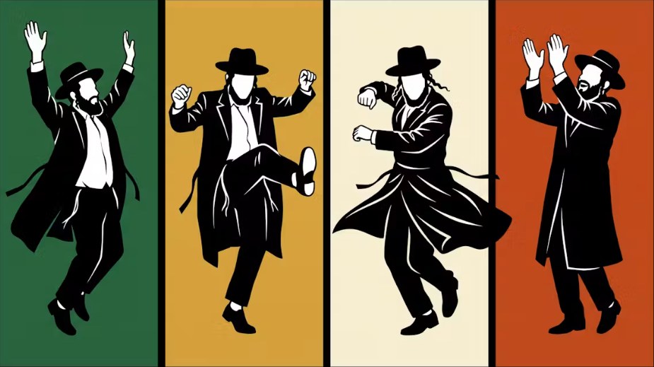 Four dancing chassidim in silhouette on green, gold, cream and orange panels